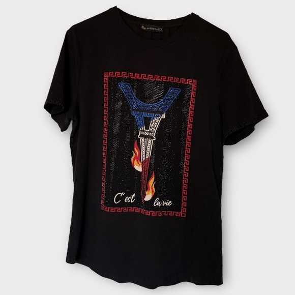 Rare Laverita Rhinestone Eiffel Tower Crew Shirt Graphic T-Shirt Black Large - Picture 1 of 4